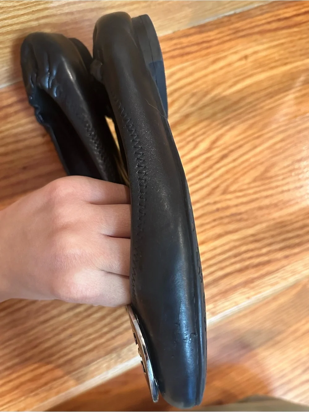 Tory Burch Black Leather Logo Ballet Flats with Silver Emblem